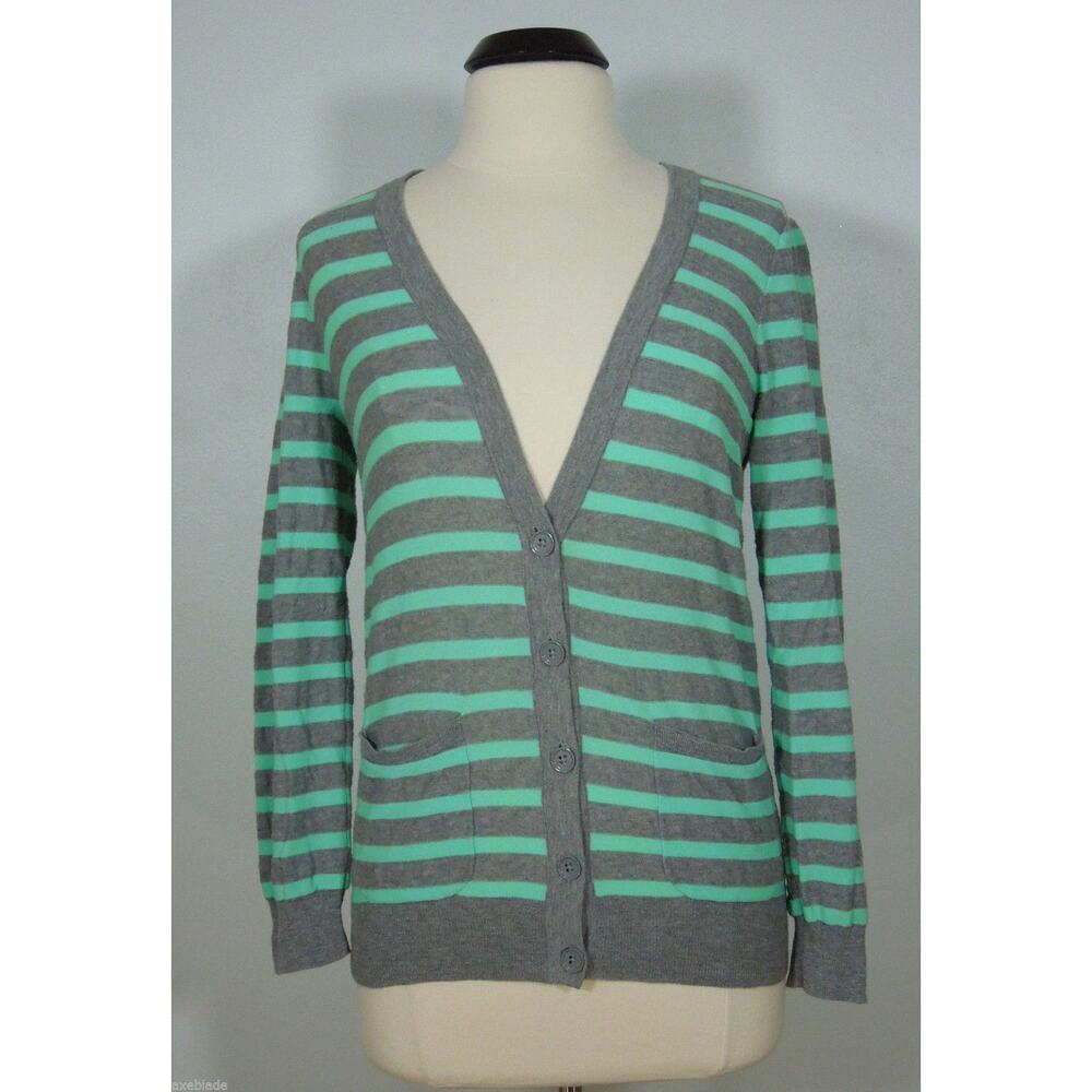 J.CREW Cardigan Top S SMALL Mint Green Gray Stripe V-Neck